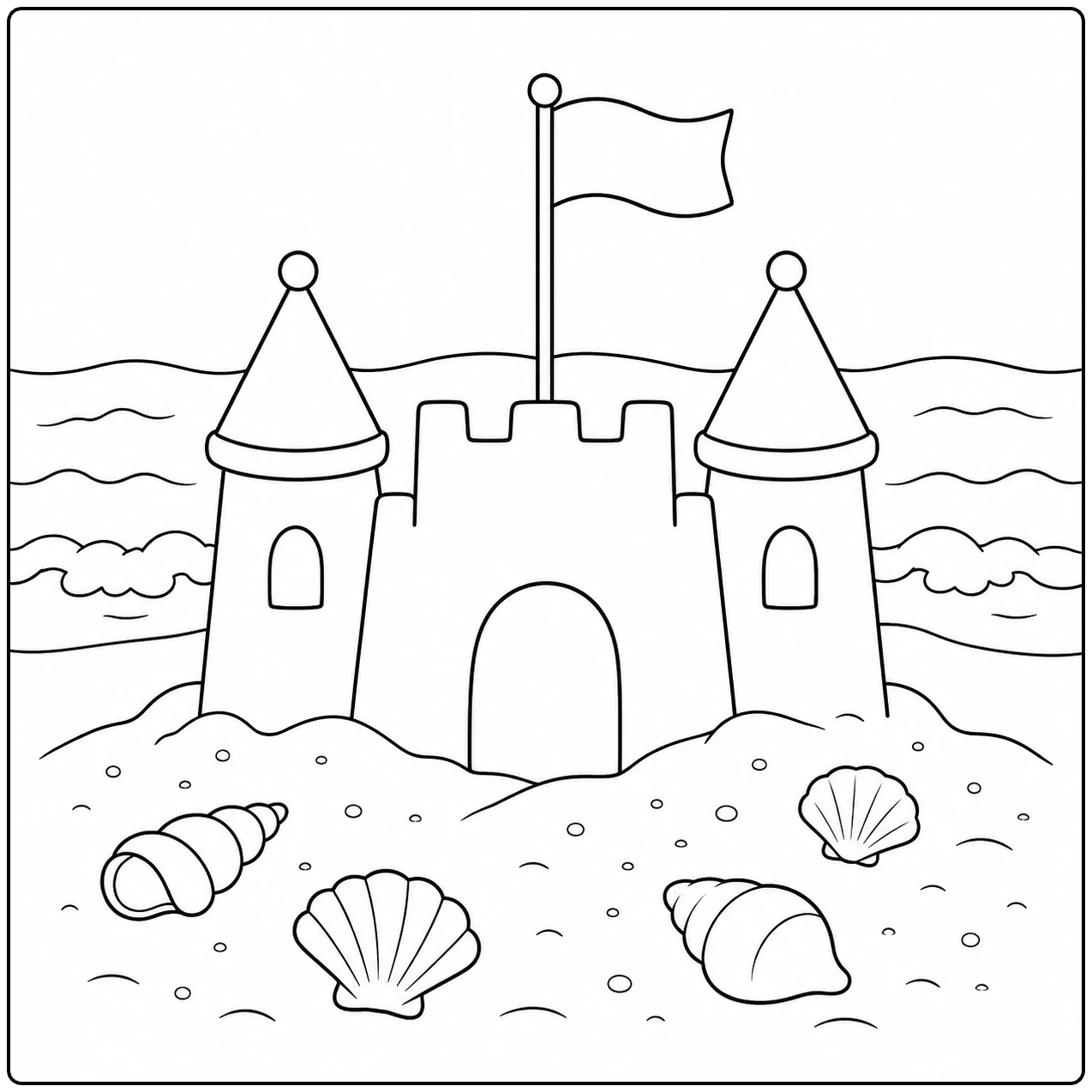 Zandkasteel met twee torens, schelpen en zachte golven op de achtergrond voor kleurplaat zee