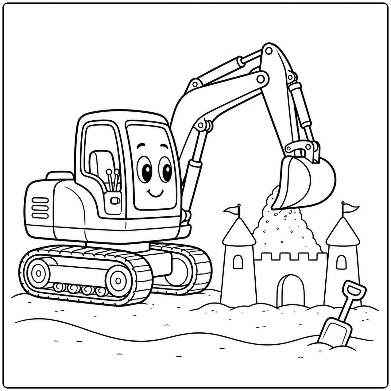 Kleine graafmachine bouwt een zandkasteel met twee torens, poort en schep in het zand
