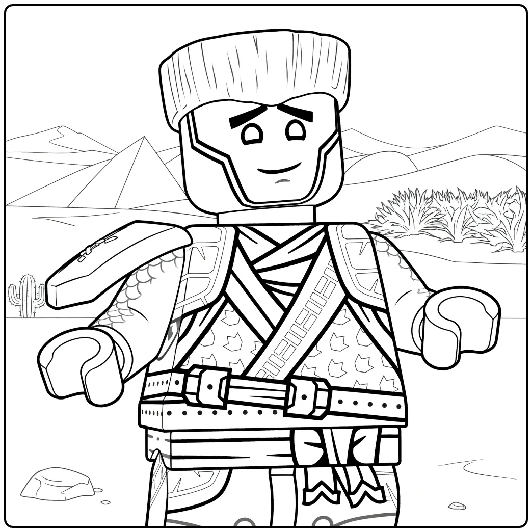 kleurplaat ninjago zane van een gepantserde ninja met piramides in de achtergrond