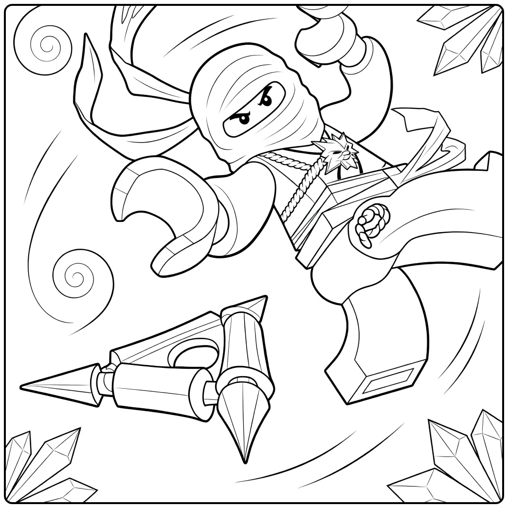 kleurplaat ninjago zane als hooded figuur in sprong met gouden wapen
