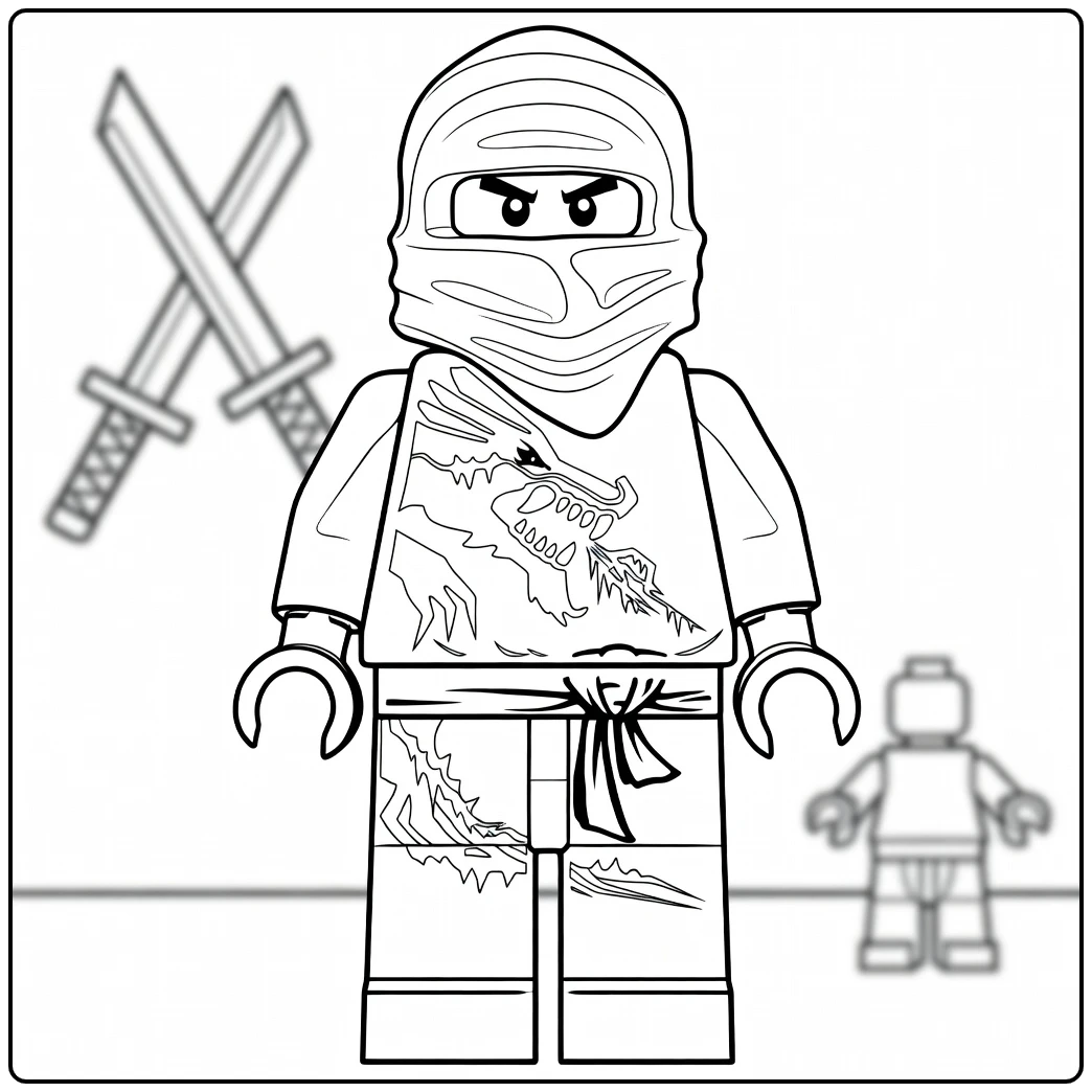 Ninjago Zane in witte hooded pak met gele boze kop en drakenprint op de borst kleurplaat ninjago zane