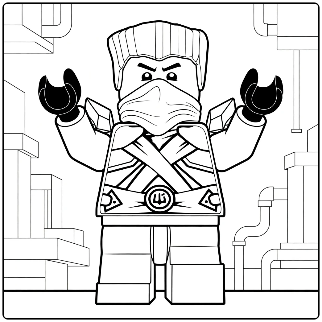 kleurplaat ninjago zane van een minifiguur met opgeheven armen en woedende blik