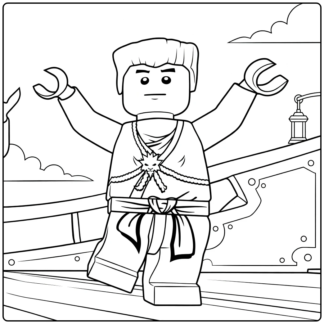 Ninjago Zane met armen wijd uitgestrekt en sterembleem op de riem kleurplaat ninjago zane