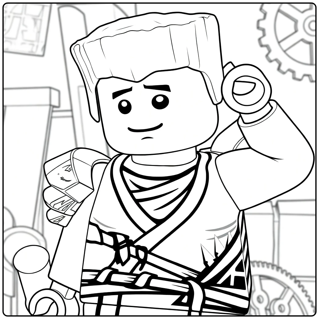 kleurplaat ninjago zane met Zane die zijn hand naast zijn hoofd houdt en goudkleurig harnas draagt