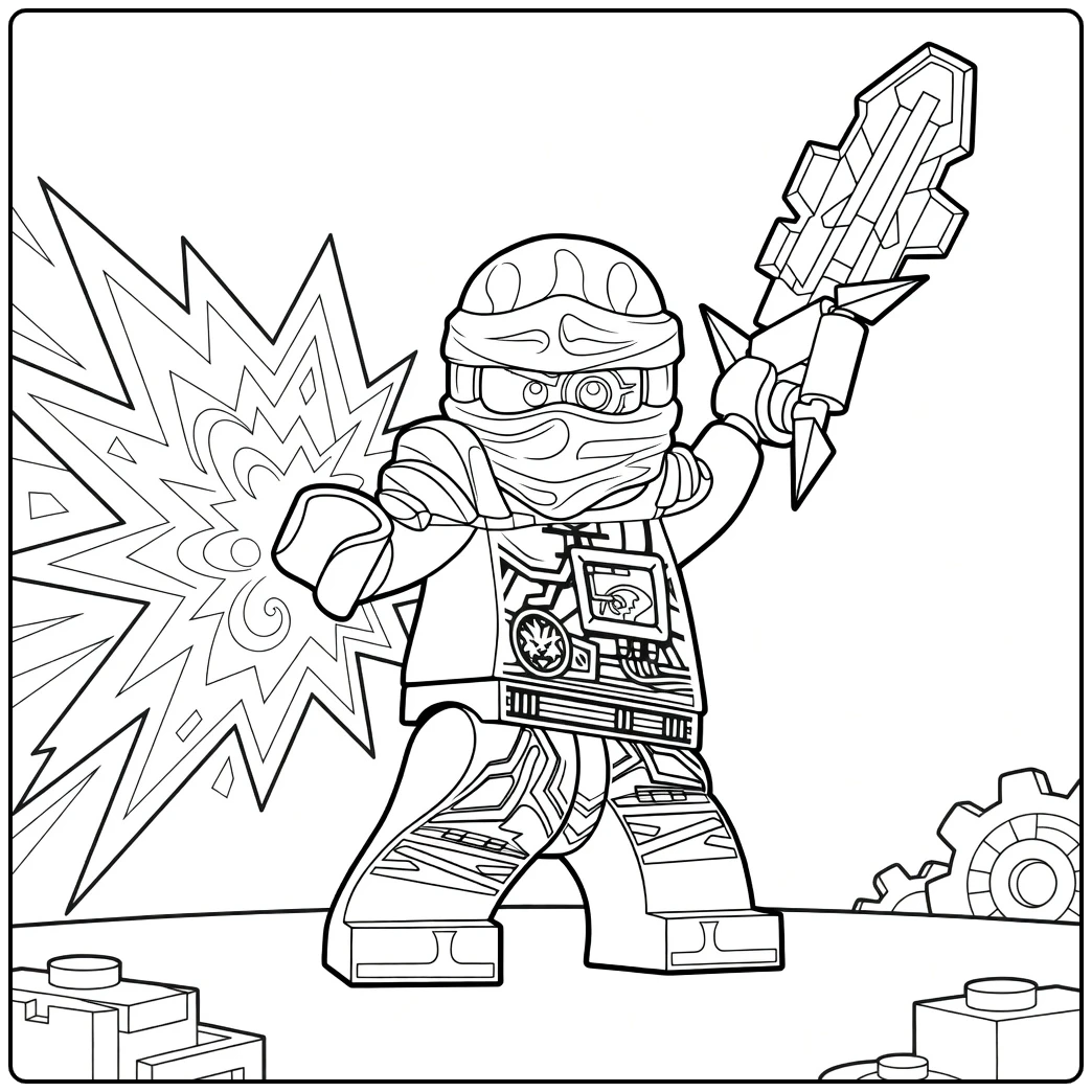 kleurplaat ninjago zane van een gepantserde figuur met wapen en energiestraal