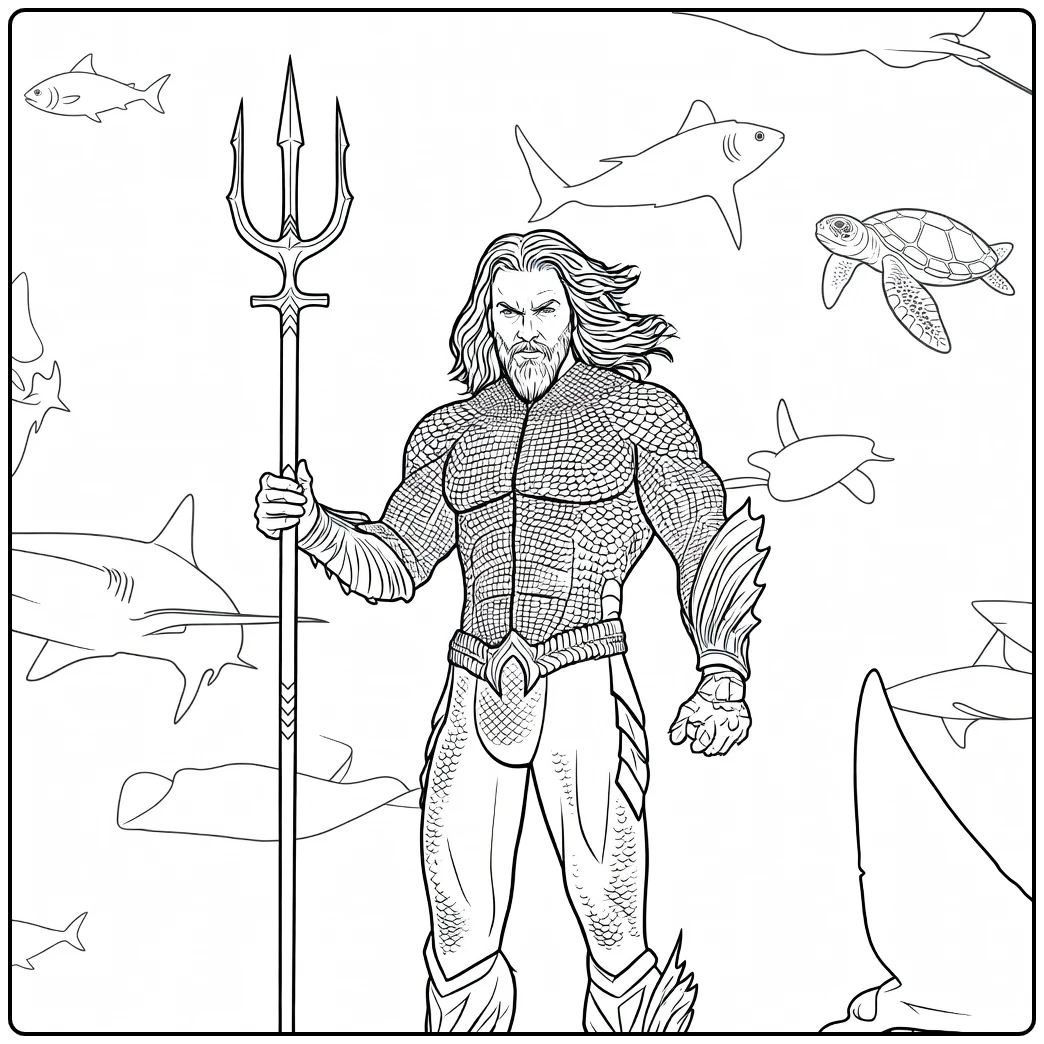 Aquaman Kleurplaat van een gespierde man met baard en lange haren die een drietand vasthoudt, omringd door haaien en vissen