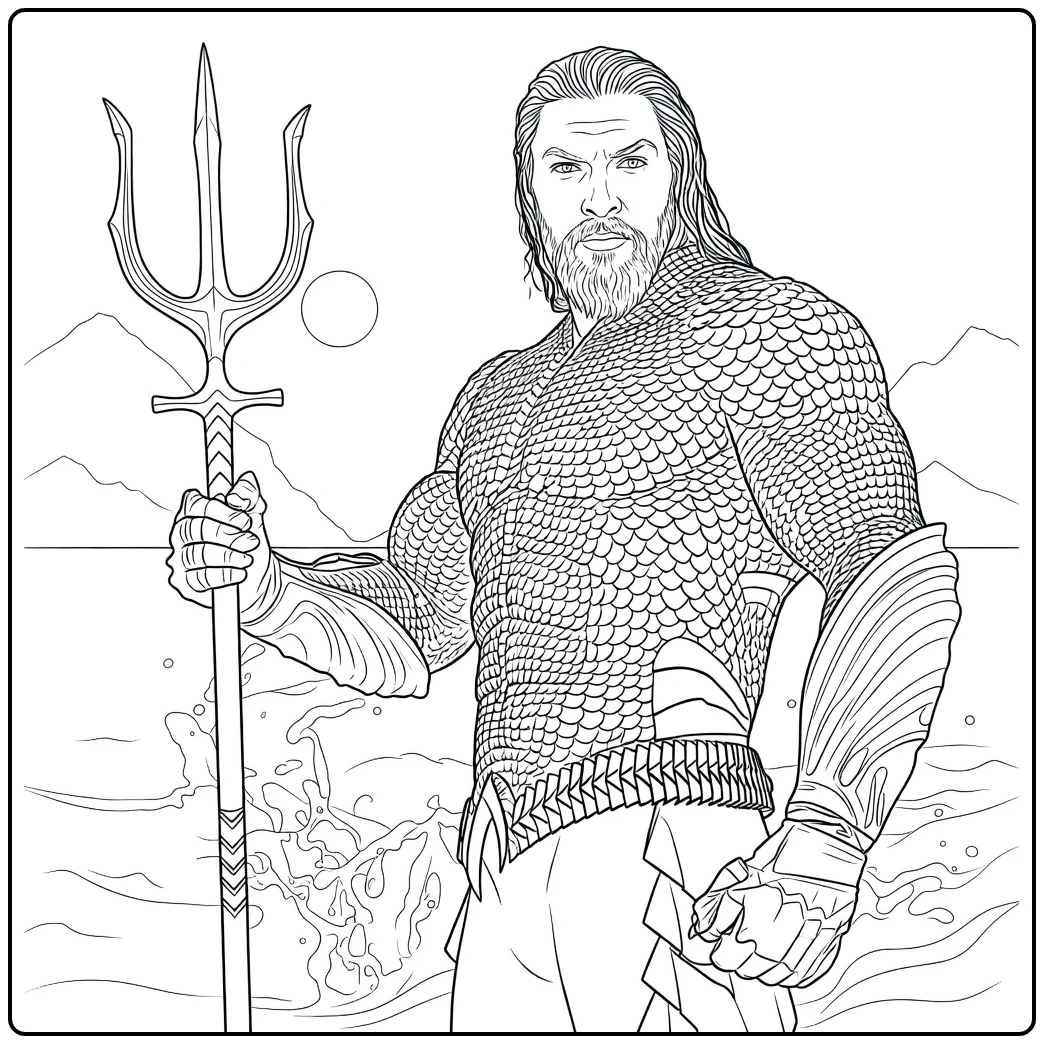 Aquaman Kleurplaat van een gespierde man met baard en lange haren die een drietand vasthoudt