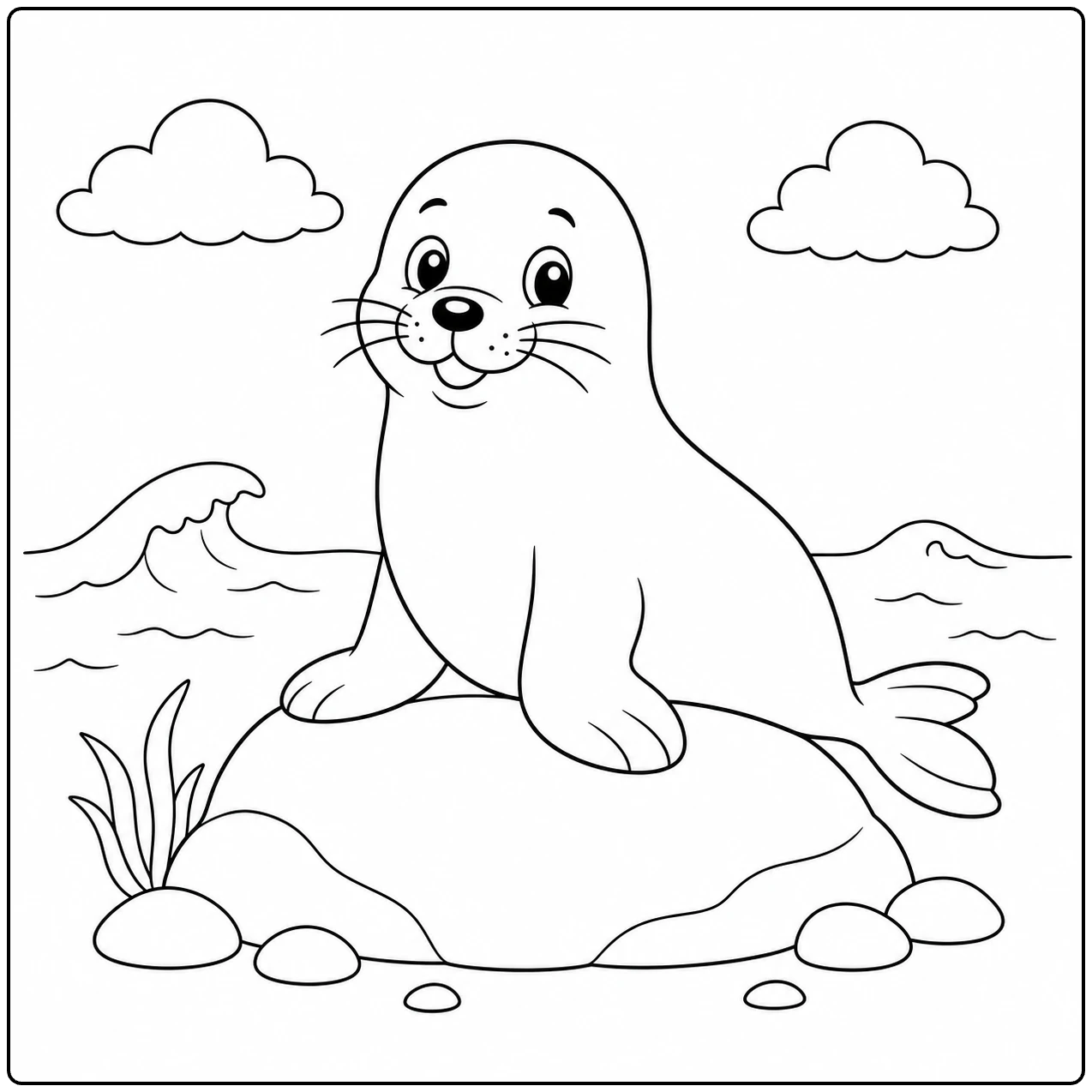 Vriendelijke zeehond zit op een gladde rots met golven, wolken en kleine stenen eromheen