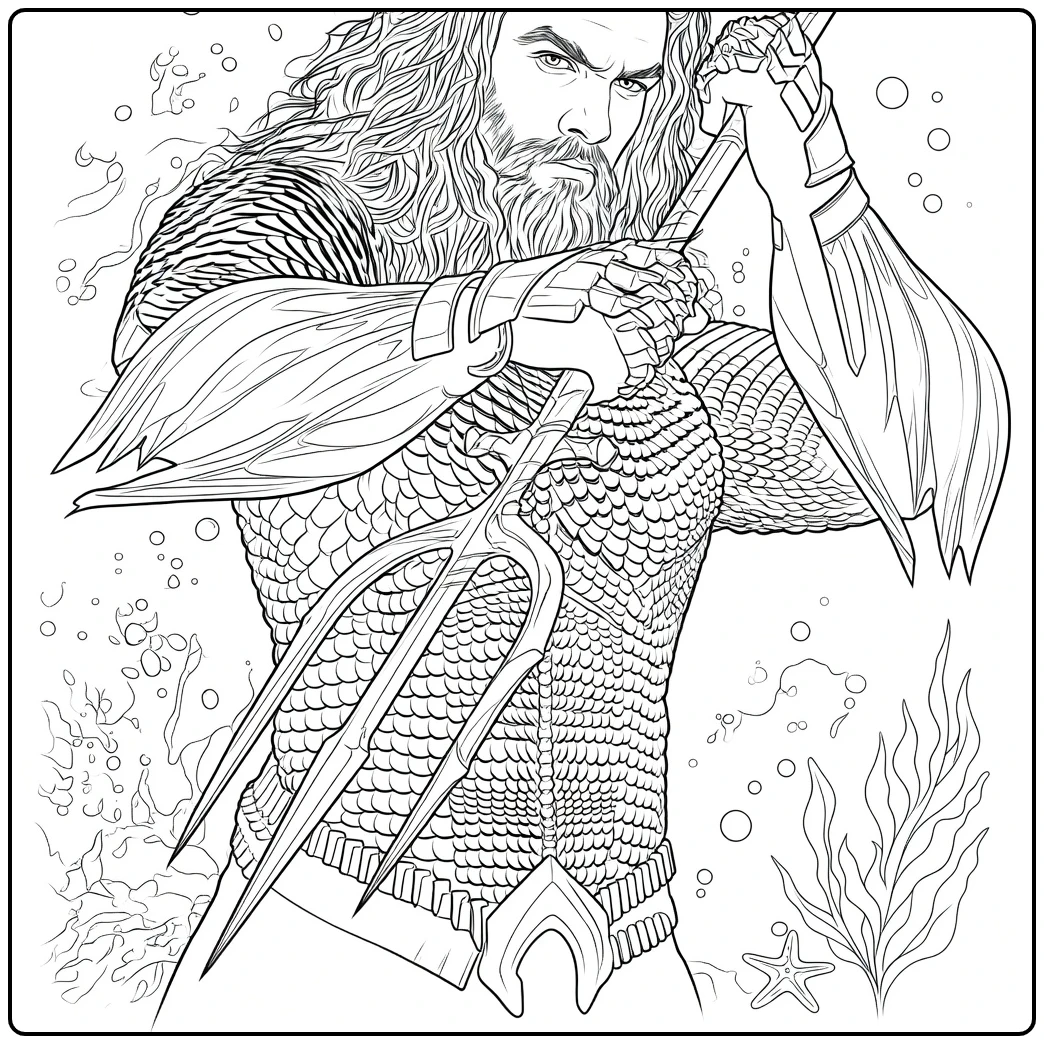 Aquaman Kleurplaat van een gespierde man met baard en drietand in krachtige pose