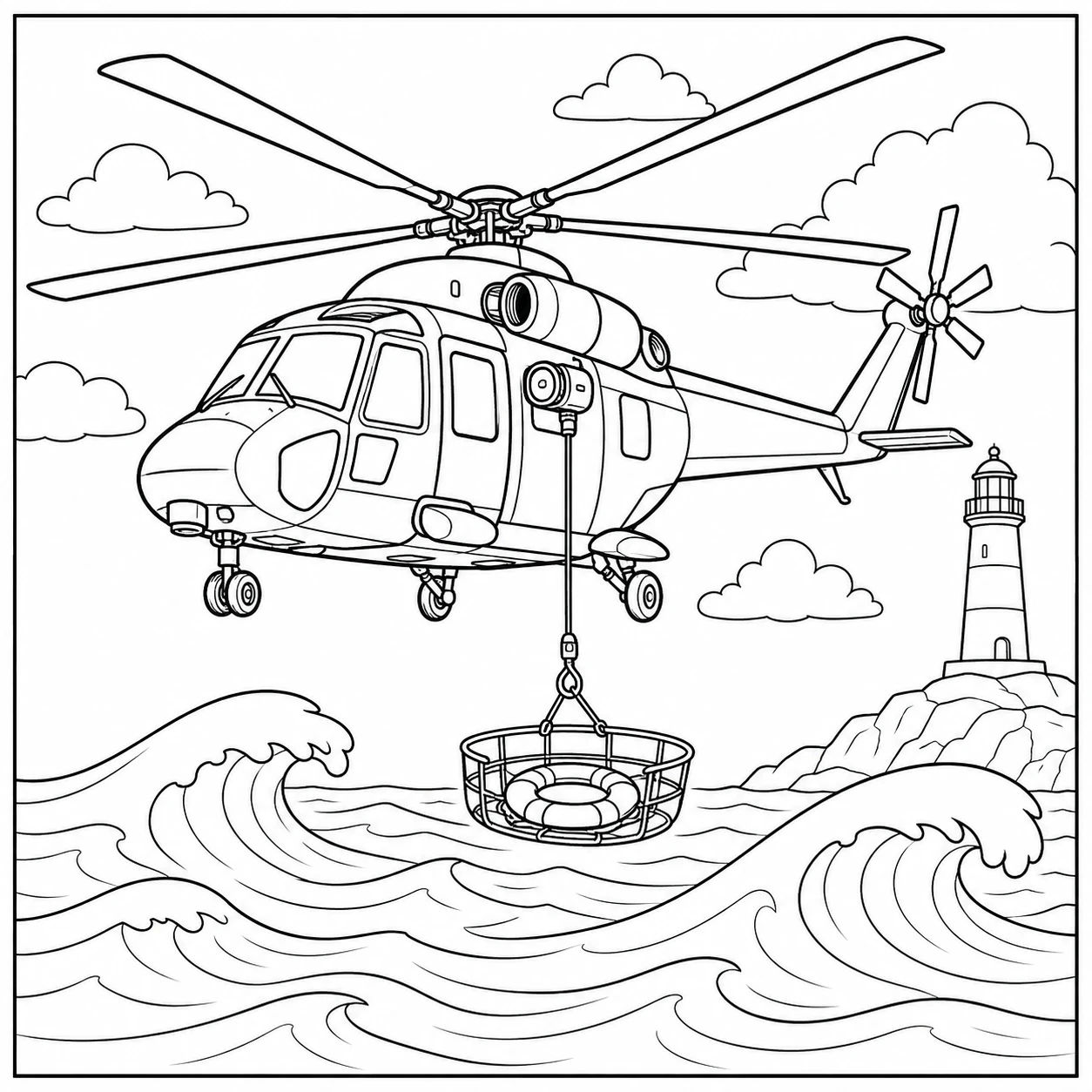 Zeeredding met een kleurplaat helikopter, reddingsmand, hoge golven en een vuurtoren