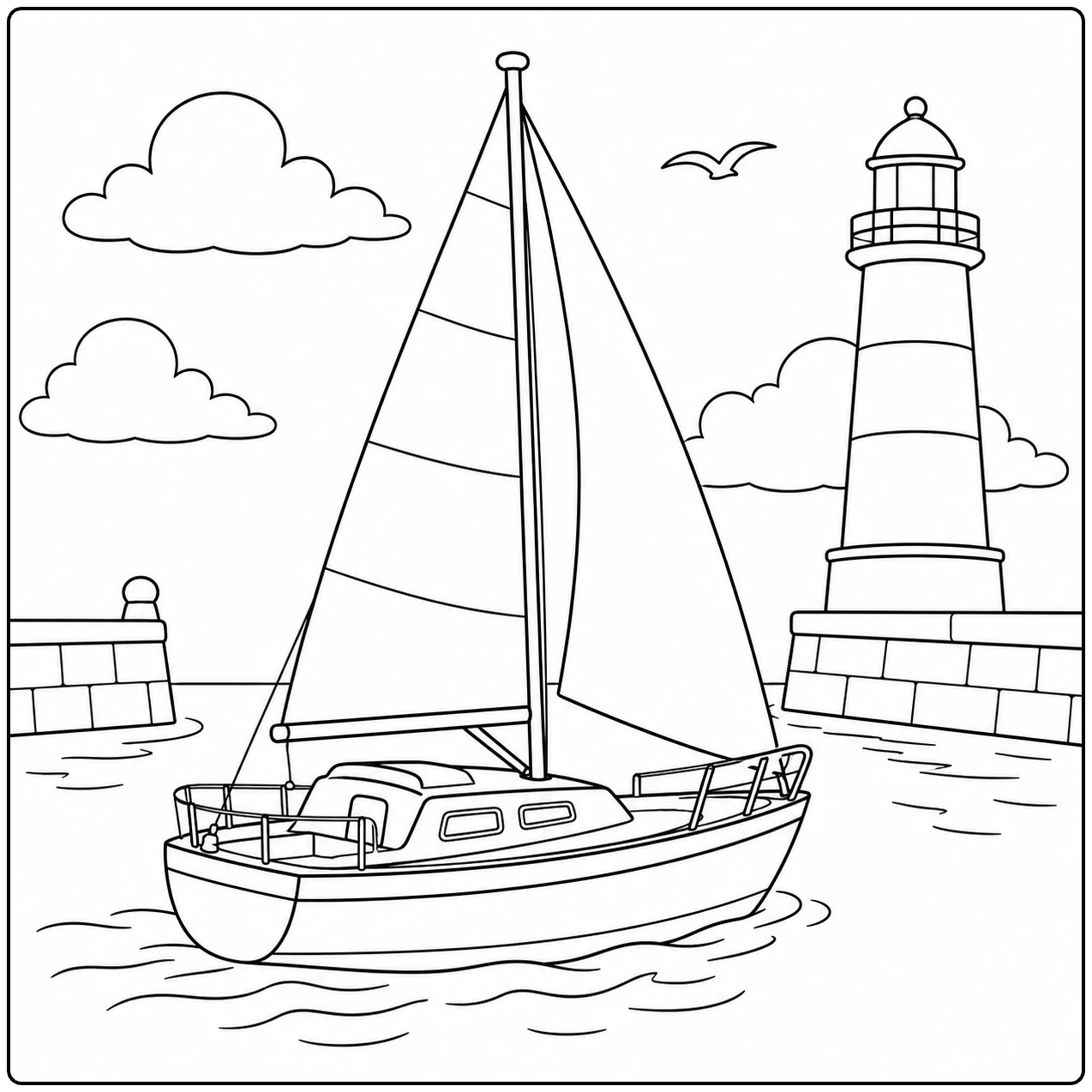 Zeilboot vaart langs een hoge vuurtoren bij de ingang van een rustige haven