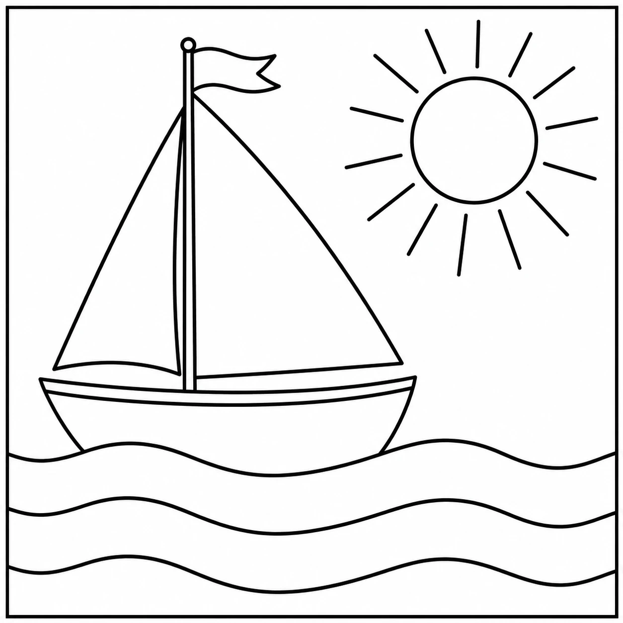 Zeilboot met grote driehoekige zeilen op golvende zee onder een stralende ronde zon.