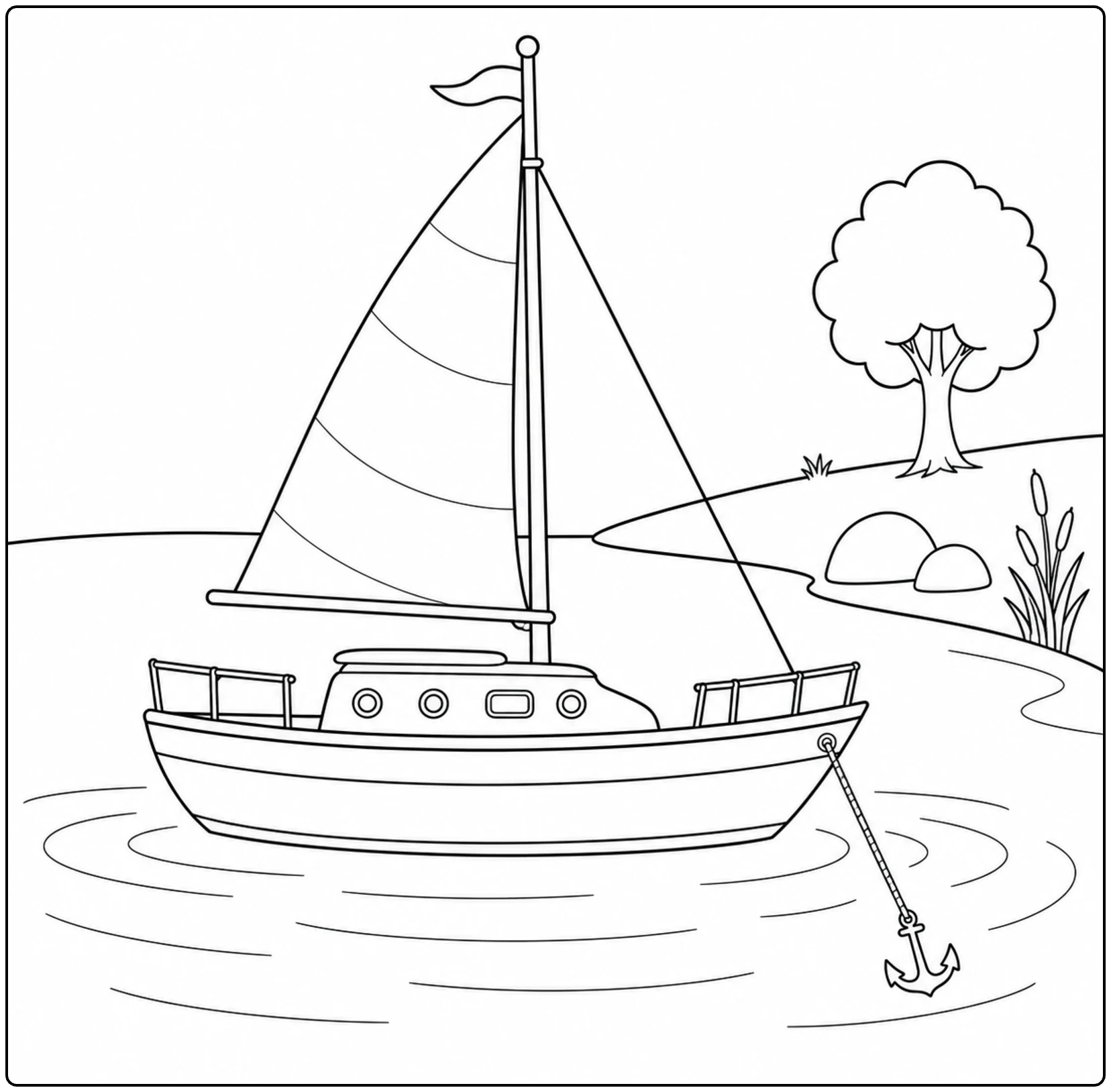 Voor anker liggende zeilboot in een stille baai met boom, rotsen en oeverplanten