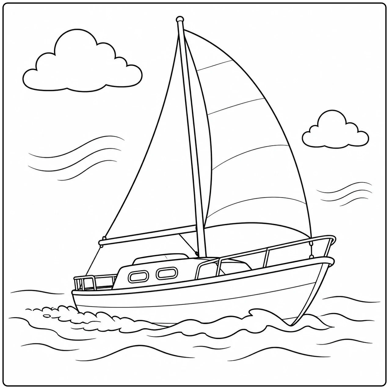 Zeiljacht met twee zeilen vaart door kleine golven; een rustige kleurplaat boot aan zee