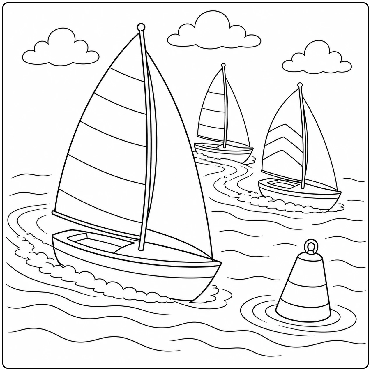 Kleurplaat boot met drie zeilboten in een wedstrijd rond een grote boei op open water