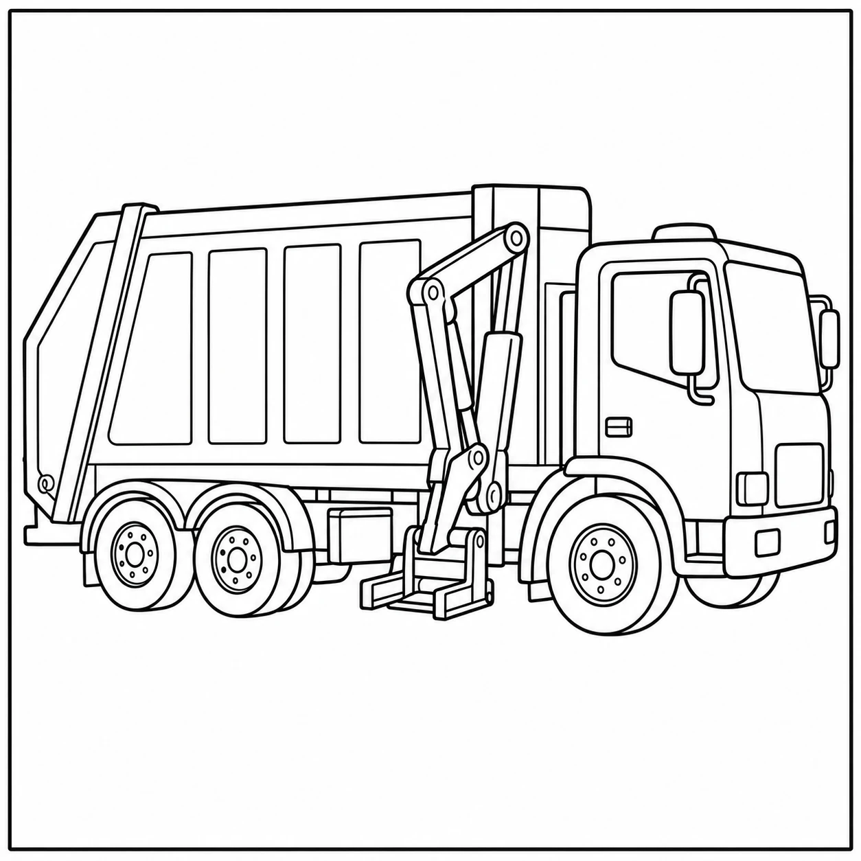 Krachtige vuilniswagen met zijlader en duidelijk zichtbare laadruimte in lijntekening
