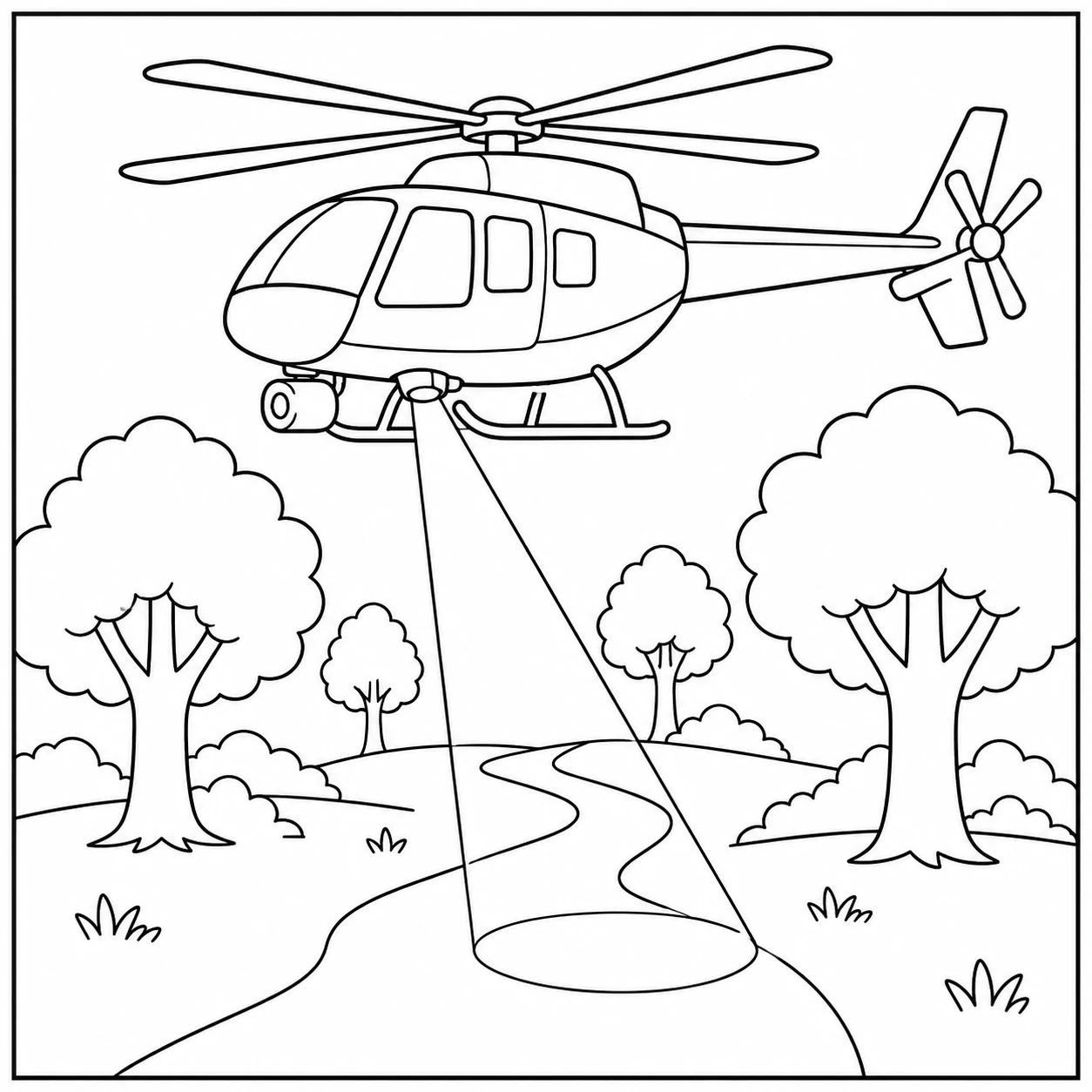 Een kleurplaat politie helikopter schijnt met een zoeklicht boven een kronkelend bospad