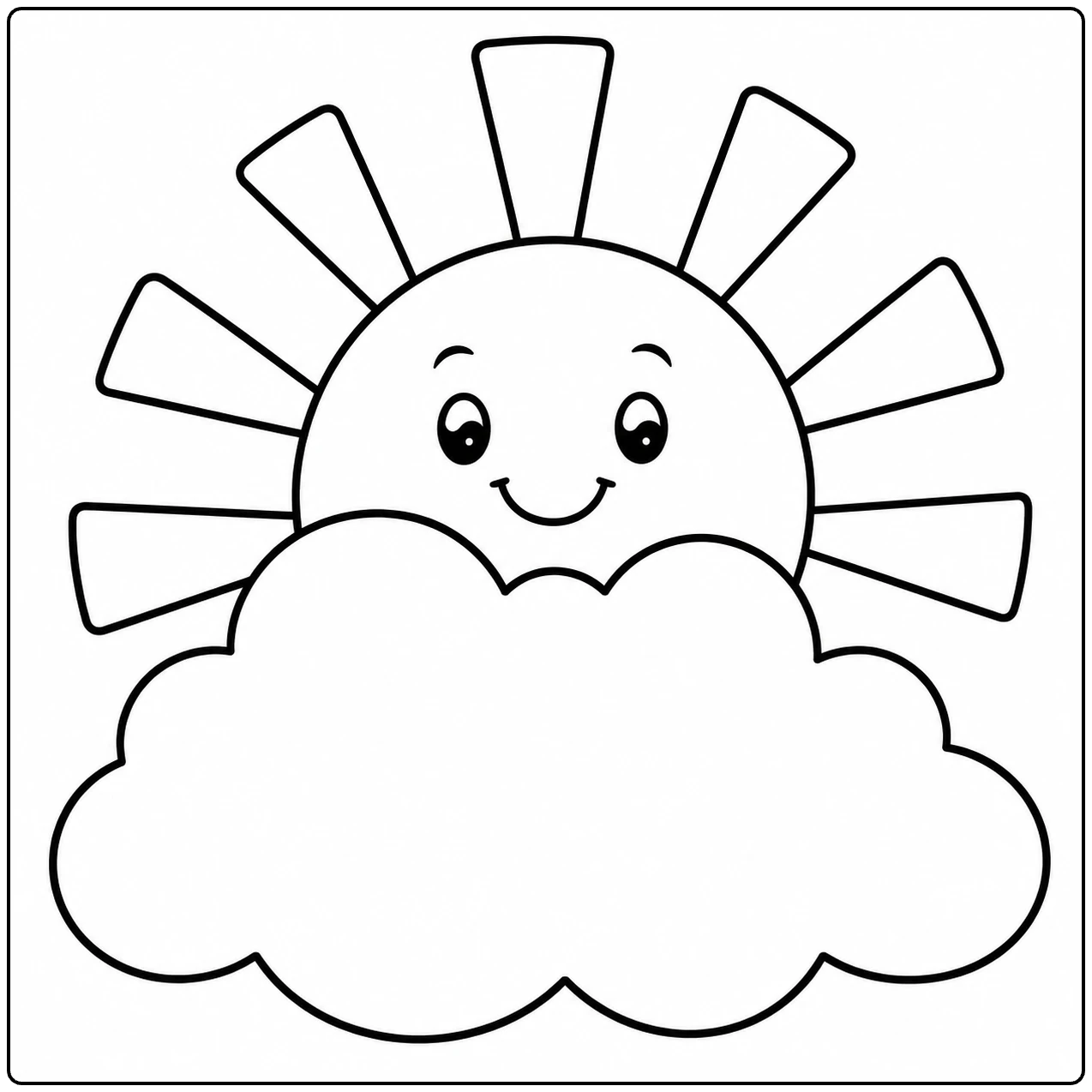 Glimlachende zon die achter een grote pluizige wolk vandaan komt met rechte brede stralen