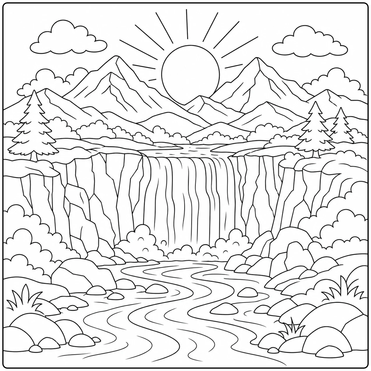 Zon boven bergtoppen en een brede rivier maken deze Waterval Kleurplaat helder en open