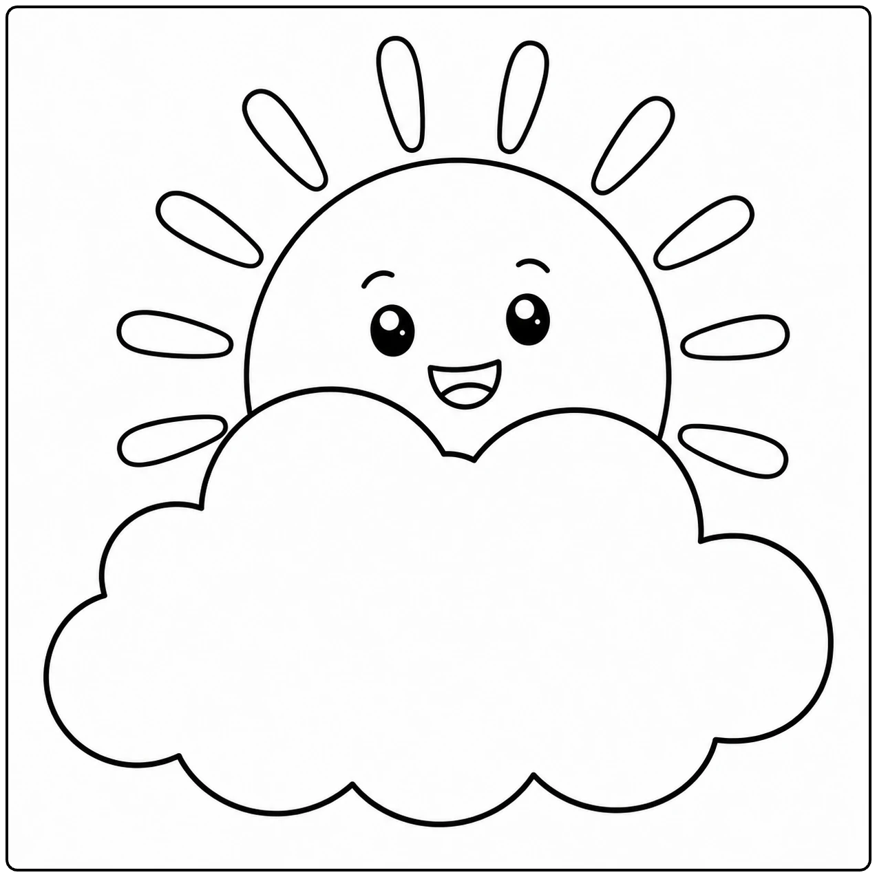 Stralende zon met een vrolijk gezicht die boven een zachte wolk tevoorschijn komt.