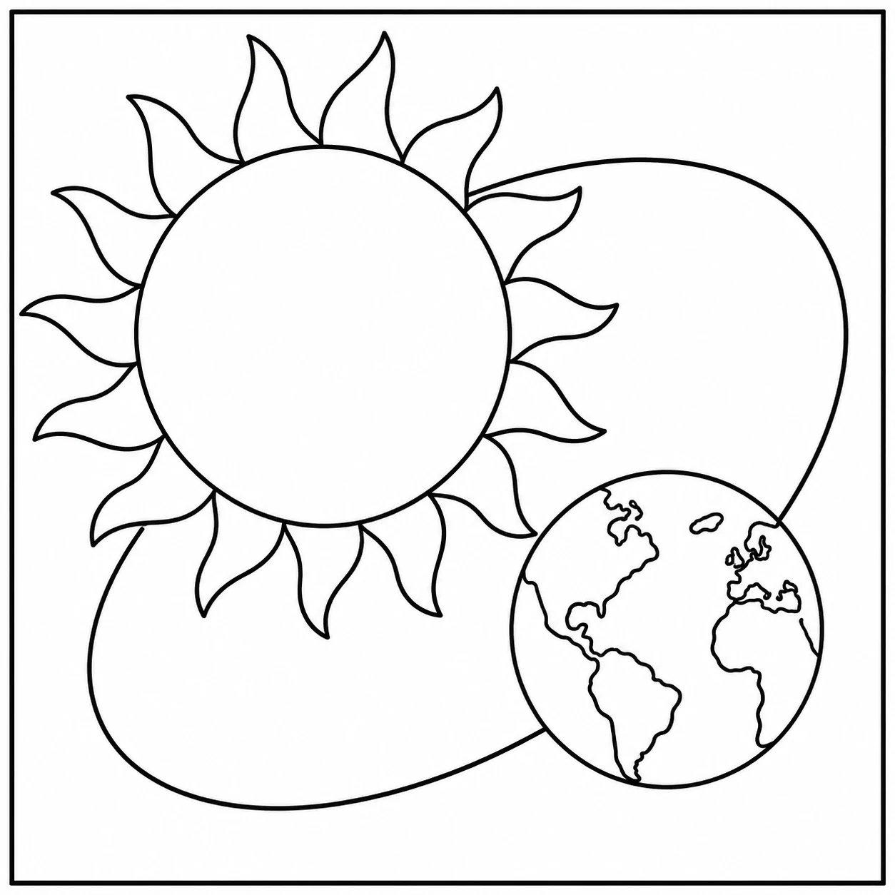 Grote zon naast de aarde en twee brede baanvormen in een eenvoudige ruimtecompositie.