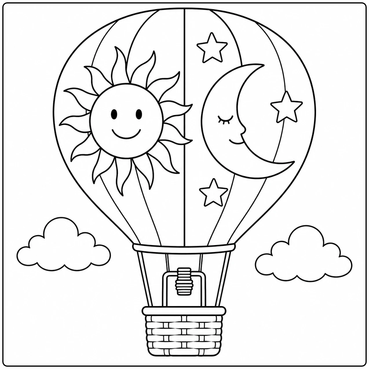 Ballon met een lachende zon, slapende maan en sterren, zwevend tussen twee wolken