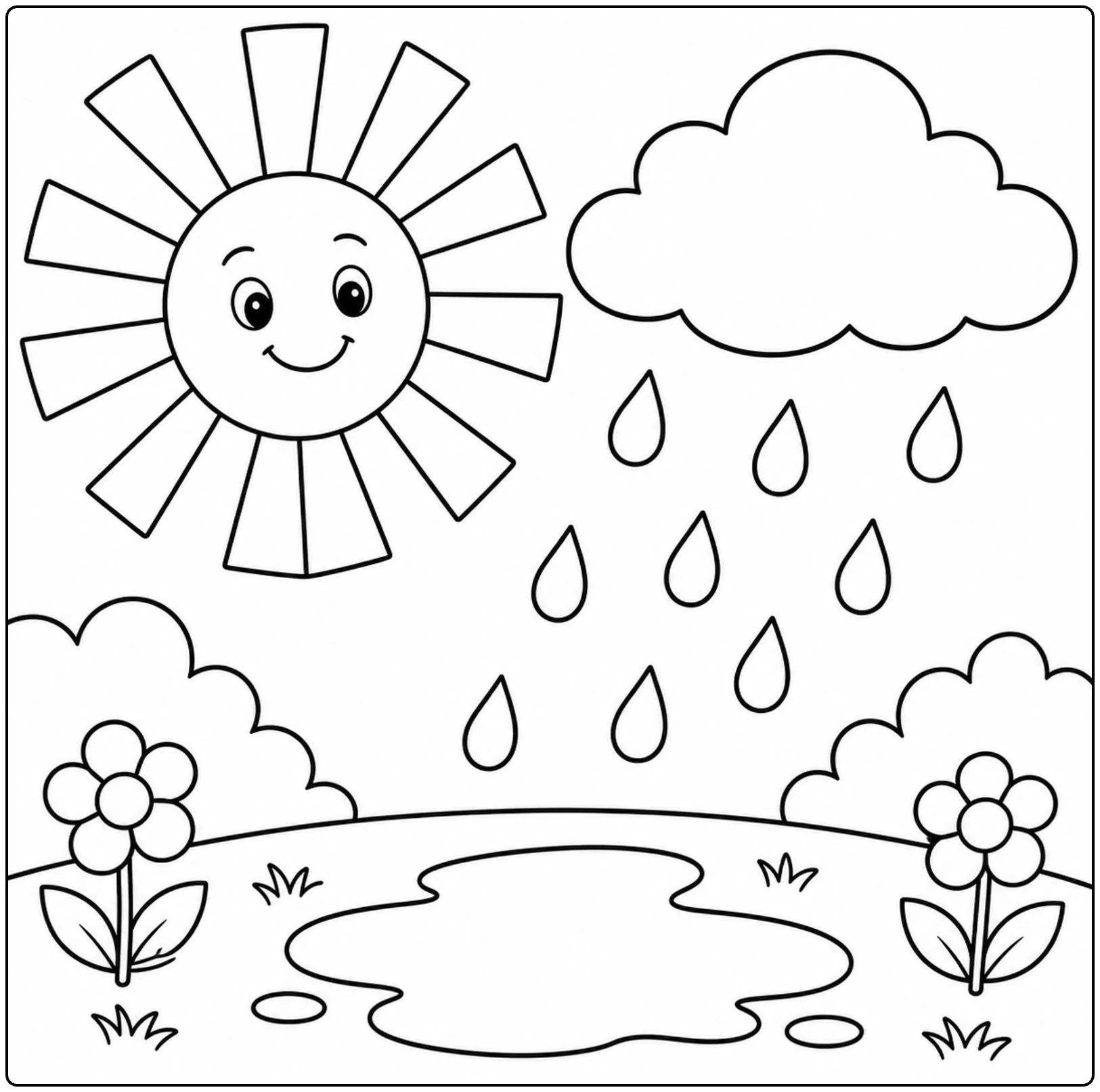 Zon naast een regenwolk met grote druppels, bloemen en een plas in deze kleurplaat zon