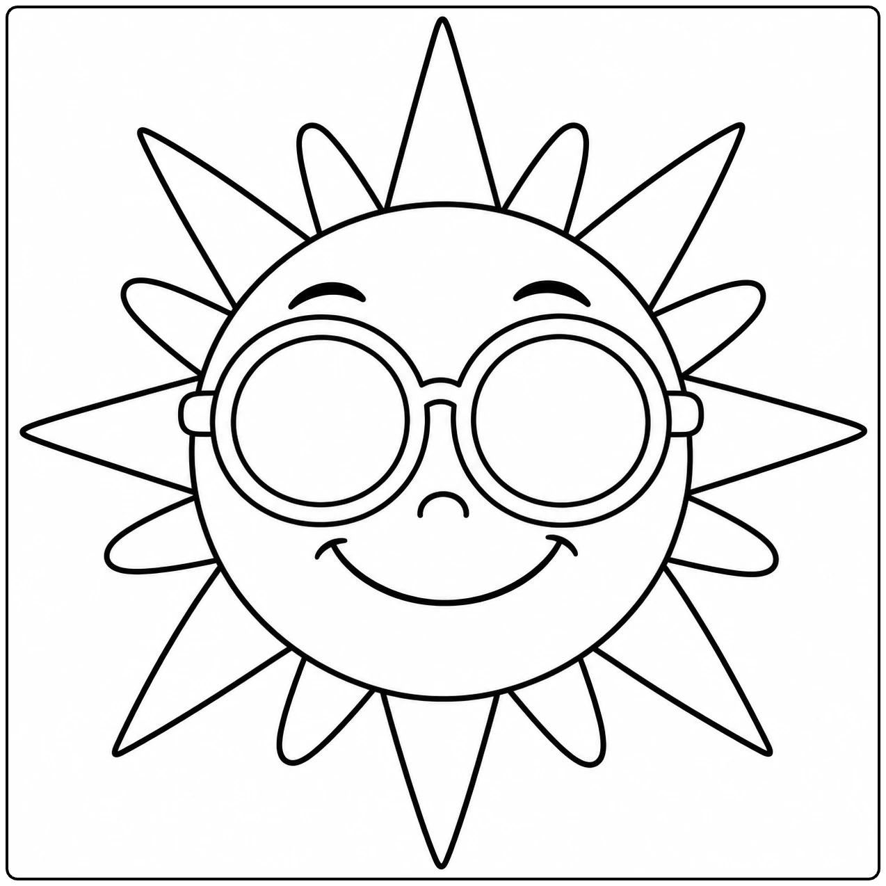 Ronde zon met oversized zonnebril, glimlachend gezicht en afwisselend lange stralen