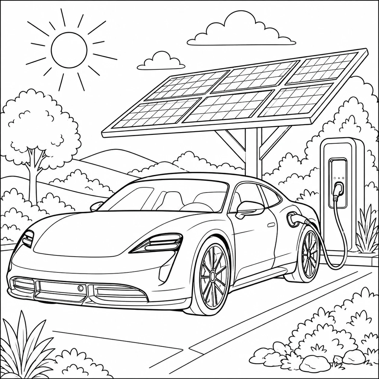 Kleurplaat auto porsche met een elektrische wagen onder zonnepanelen en een laadpaal
