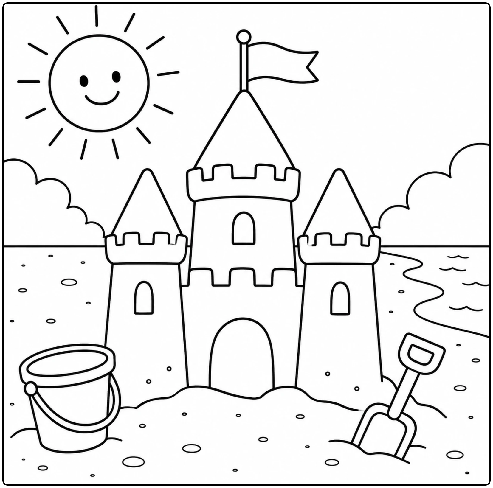 Een zandkasteel aan zee onder een lachende kleurplaat zon, met emmer en schep in het zand