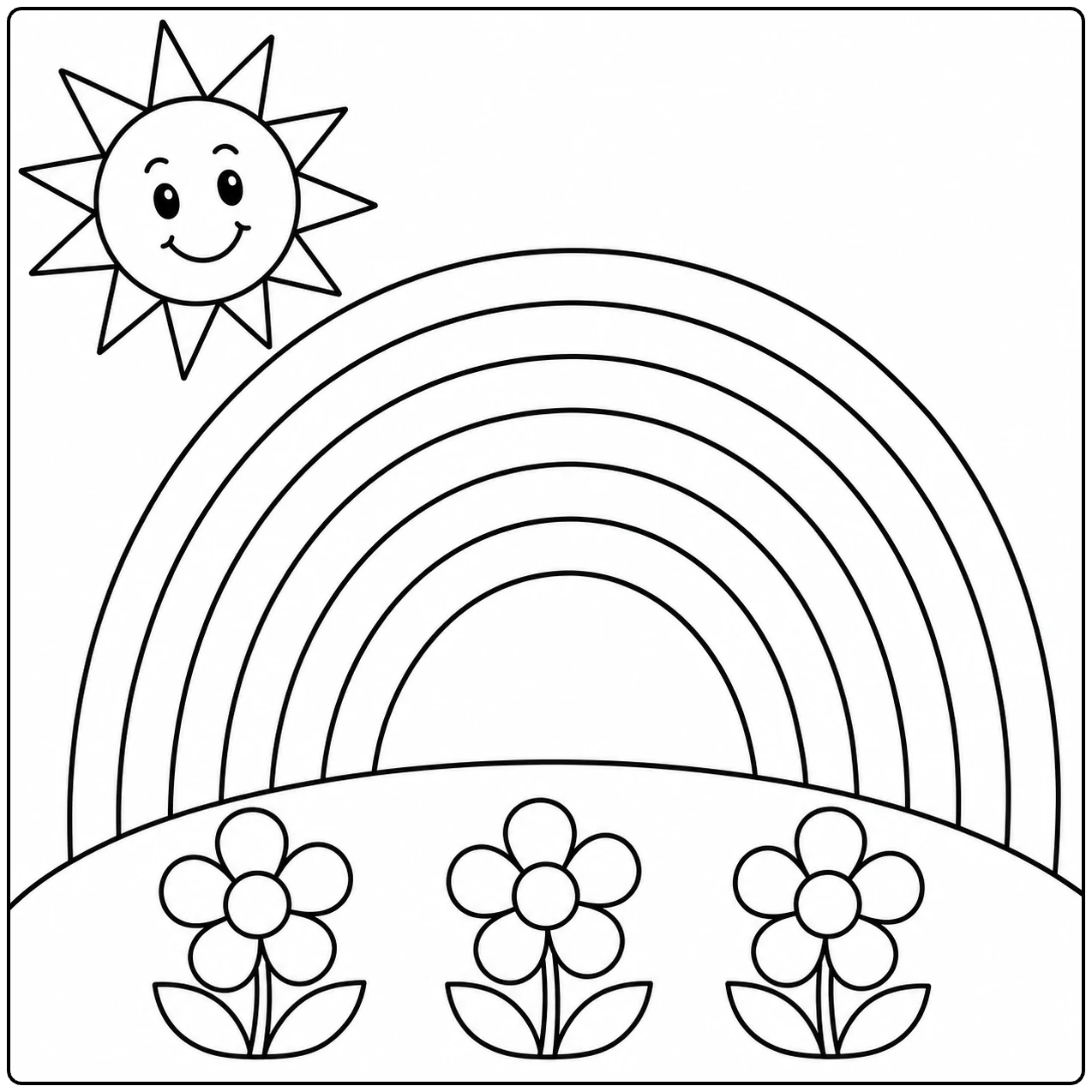 Glimlachende zon boven een regenboog met drie bloemen op een zacht gebogen heuvel