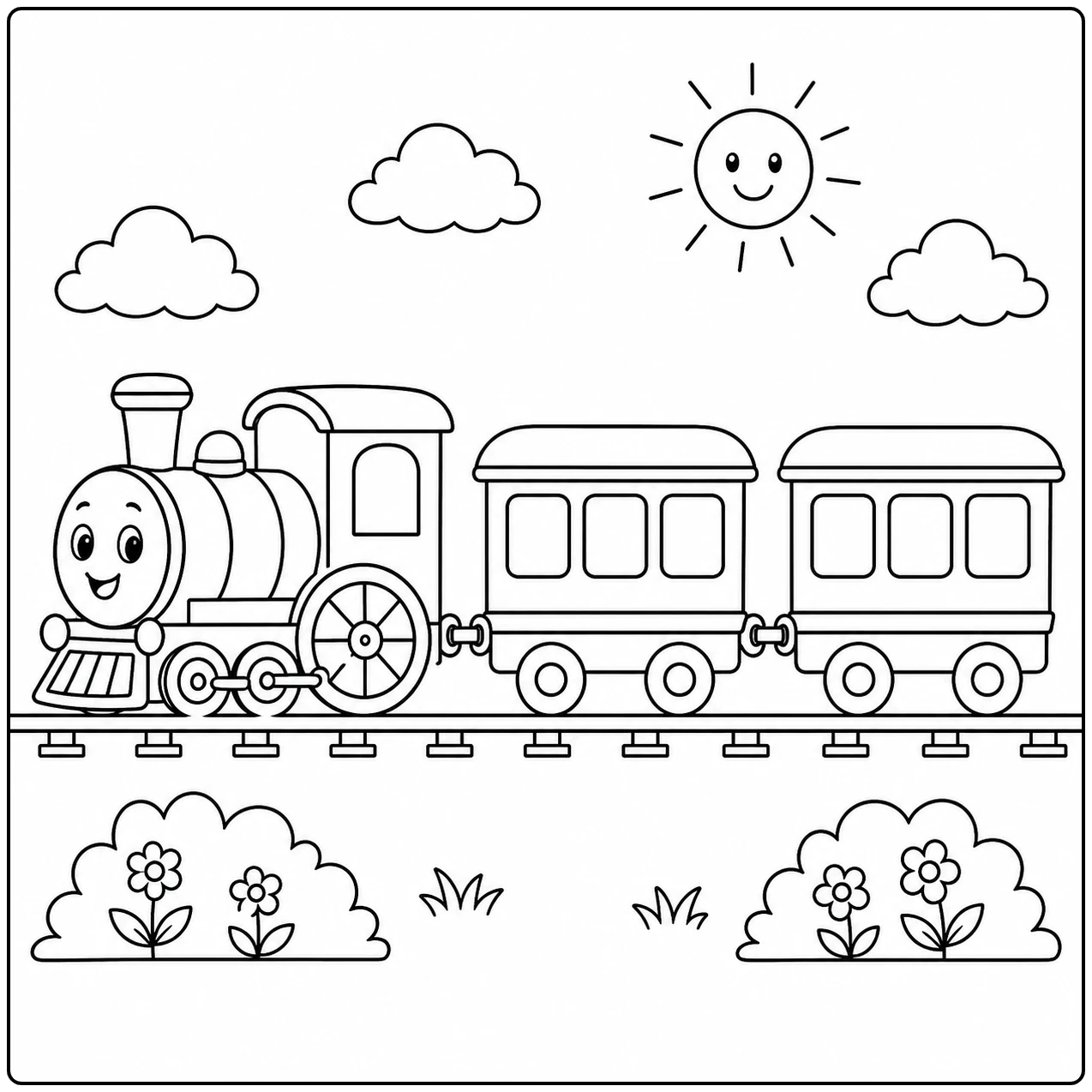 Vrolijke stoomlocomotief met twee wagons in een kleurplaat trein vol zon, wolken en bloemen