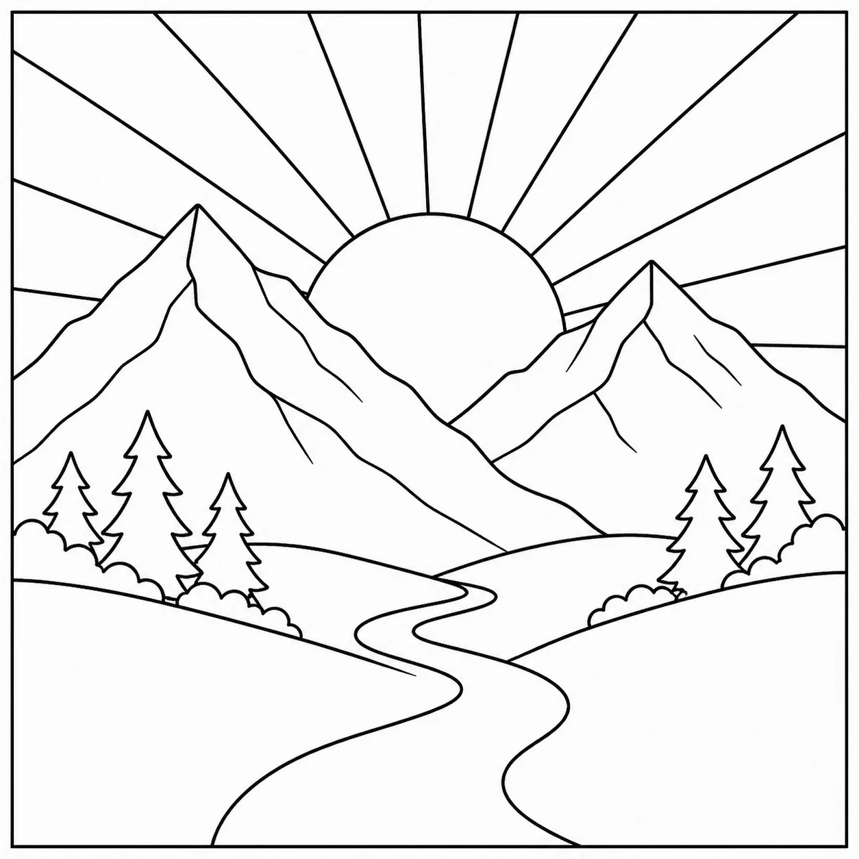 Berglandschap met dennen, een kronkelende rivier en de zon die tussen de toppen opkomt.