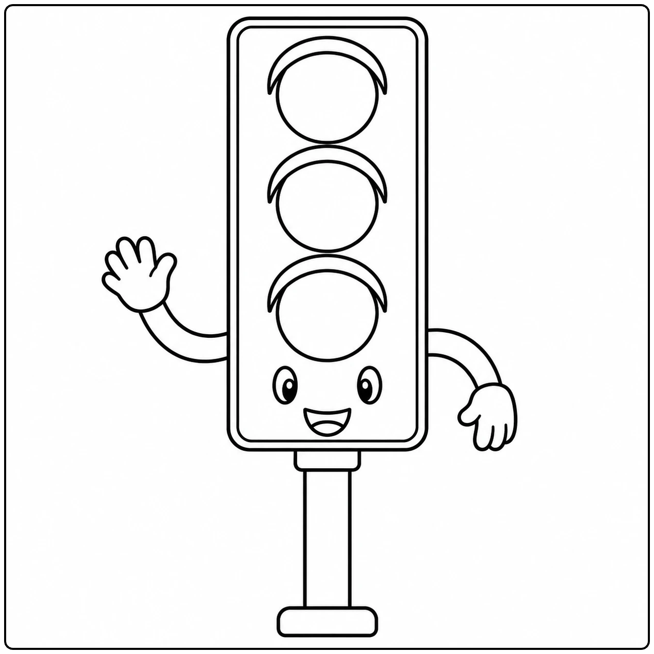 Kleurplaat verkeerslicht met een lachend gezicht, drie ronde lampen en een zwaaiende hand