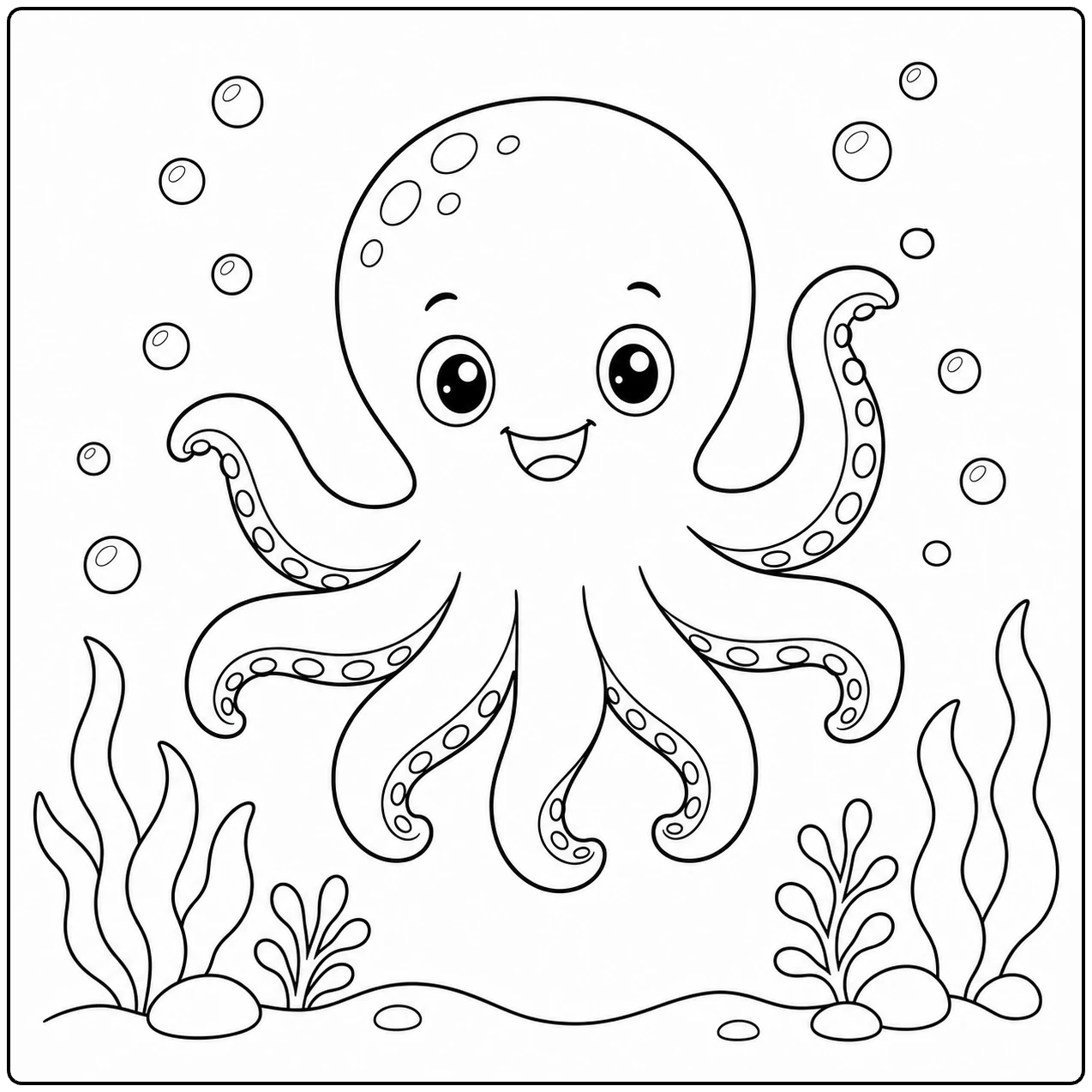 Kleine octopus zwaait onder water tussen bellen en simpele zeeplanten op de bodem