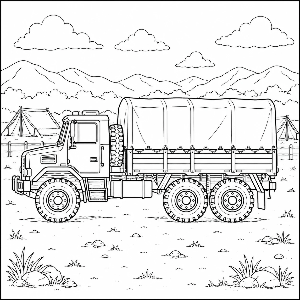 In een berglandschap staat een kleurplaat leger vrachtwagen met huif, drie assen en kamptenten.