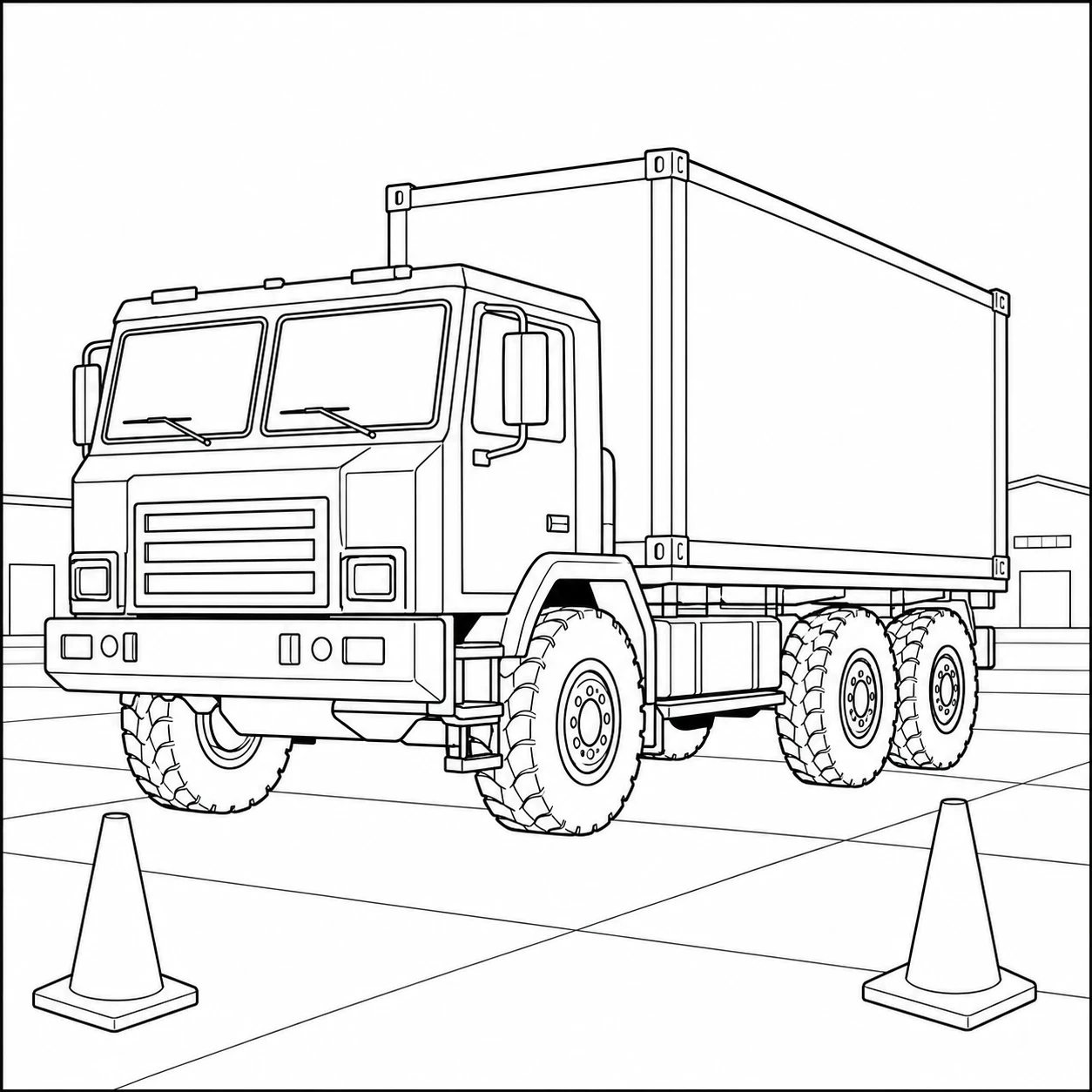 Zware containertruck staat tussen twee pionnen op een eenvoudig verhard terrein.