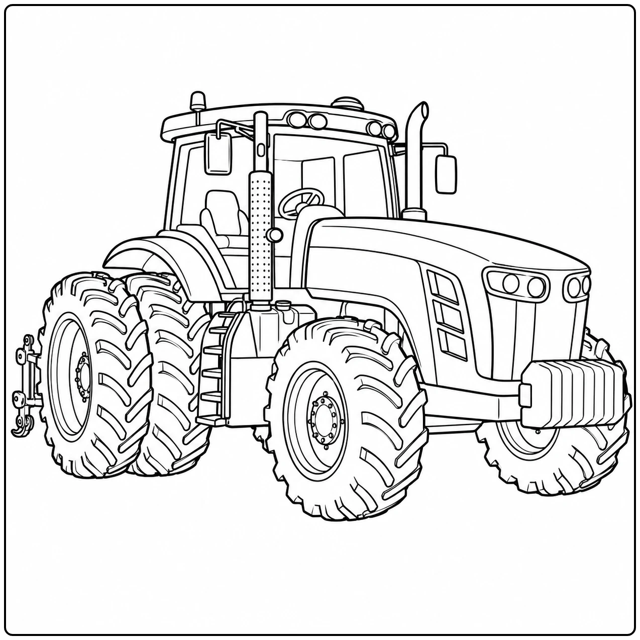 Een zware tractor met dubbele achterwielen staat centraal in deze Klassieke en moderne trekker kleurplaat