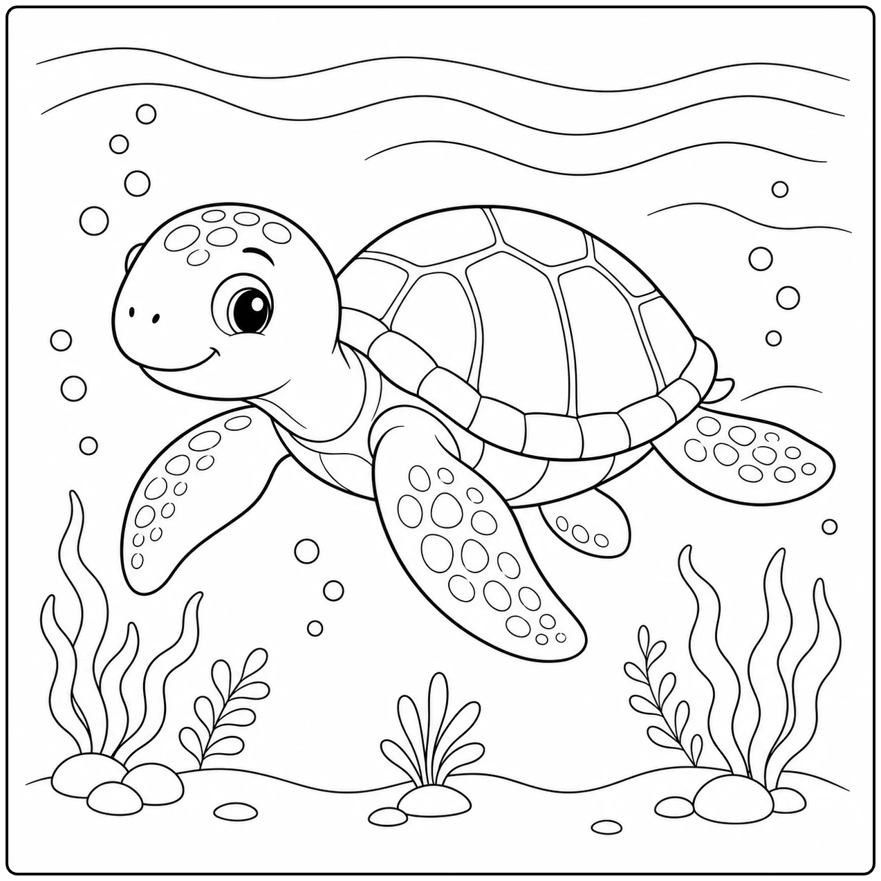 Zeeschildpad zwemt rustig onder water in deze kleurplaat zee met bellen en waterplanten