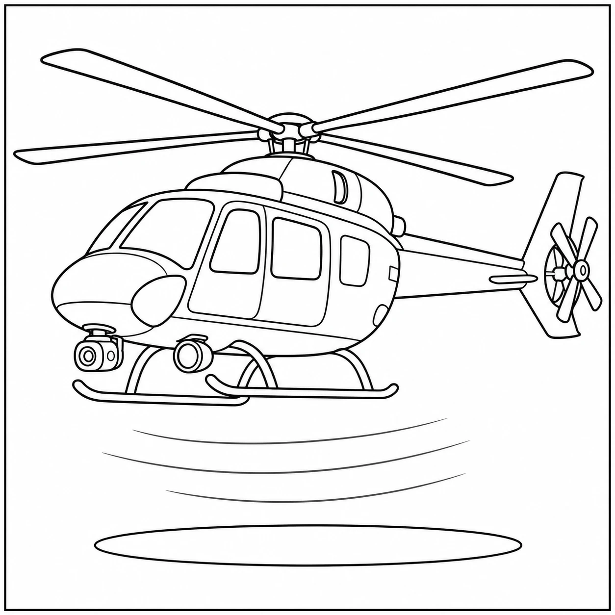 Zwevende politiehelikopter met bewegingslijnen boven de grond en zichtbare camera onderaan