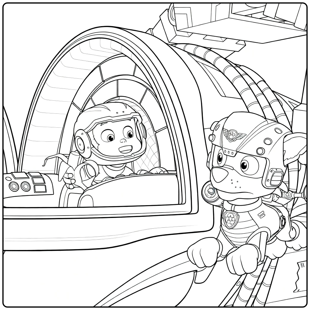 Aap met witte helm in cockpit en springende hond met groene helm Paw Patrol Seizoen 11 Kleurplaat