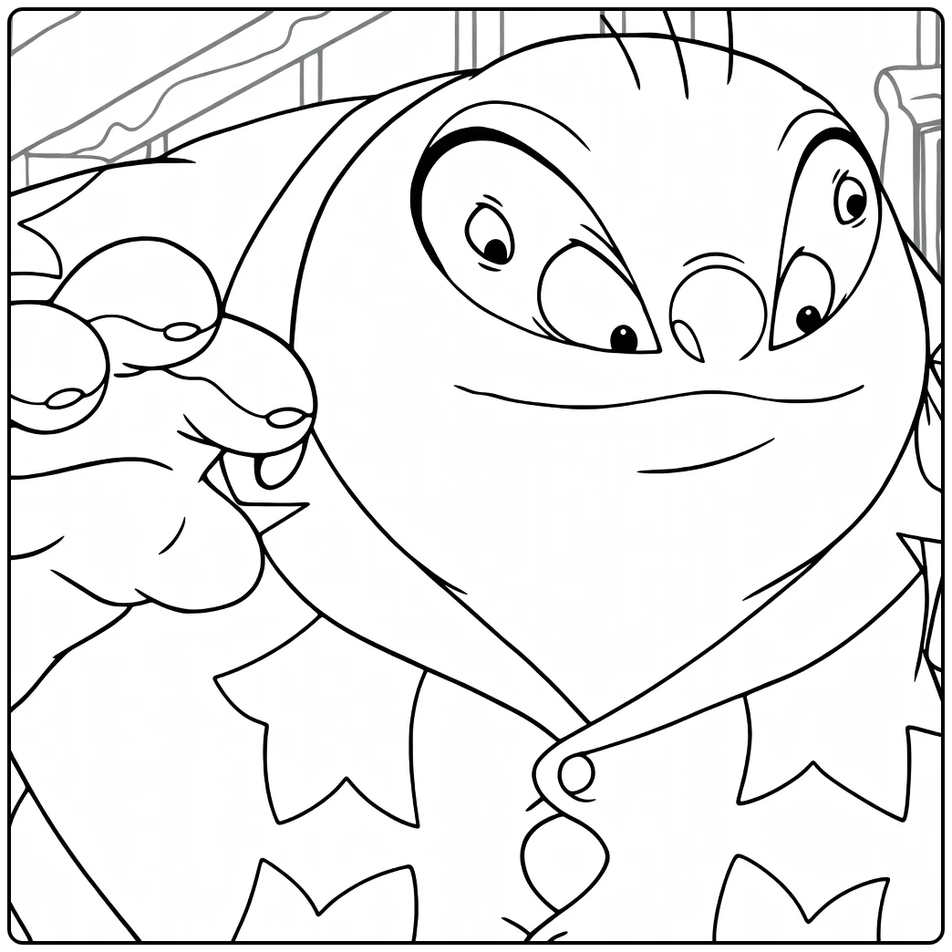 Lijntekening van een alien met antennes, ronde ogen en hoodie met zigzag Jumba Kleurplaat