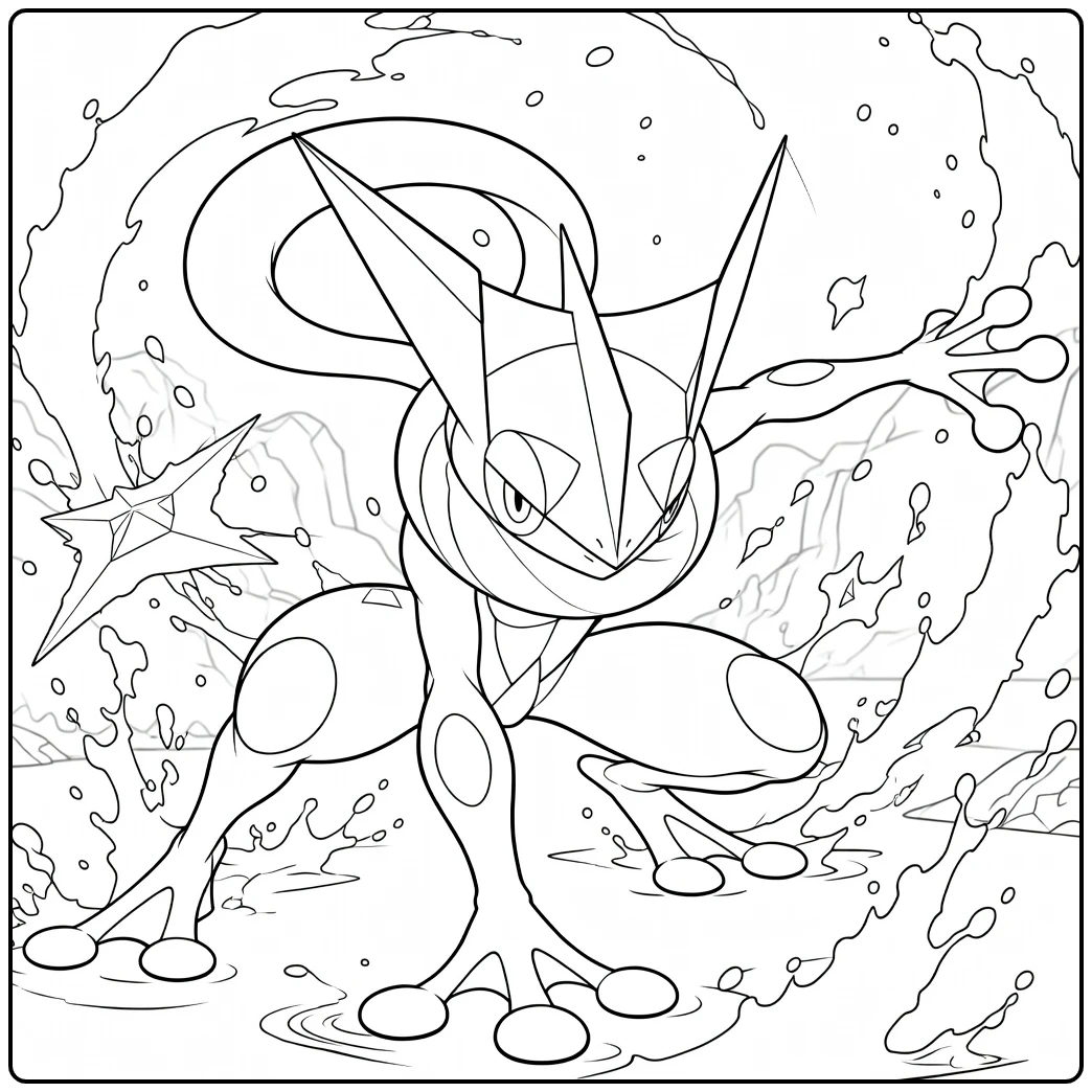 Greninja Kleurplaat van een blauwe amfibie in hurkende pose met uitgestrekte arm en waterwerveling