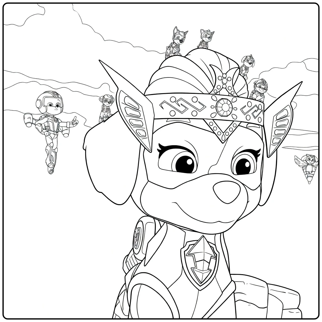 Paw Patrol Seizoen 6 Kleurplaat van een antropomorfe hond met vleugelhelm en jetpack die omhoog kijkt