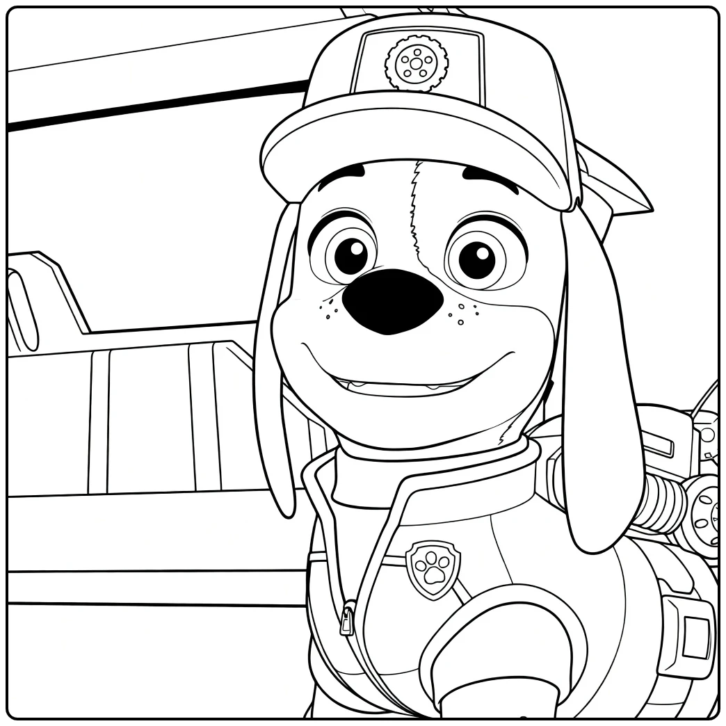 Anthropomorfe hond met lange oren en rode pet al paw patrol kleurplaat met jas en rugzak