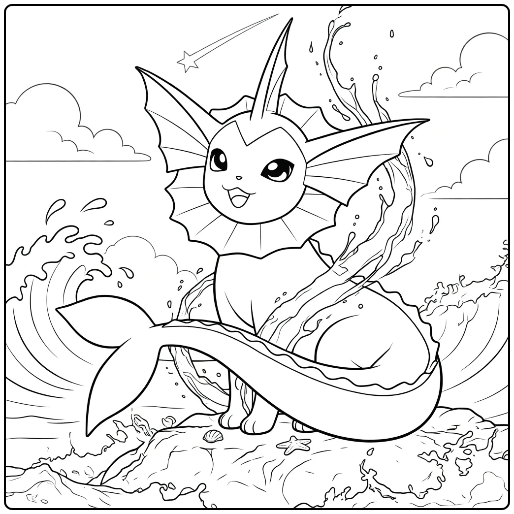 Vaporeon Kleurplaat van een aquatisch wezen zittend op een rots met vinnen en staart