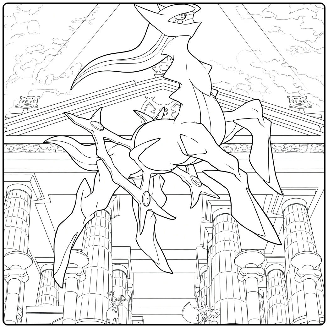 Pokemon Kleurplaat Arceus in dynamische sprong met gouden accenten en klassieke zuilen op de achtergrond