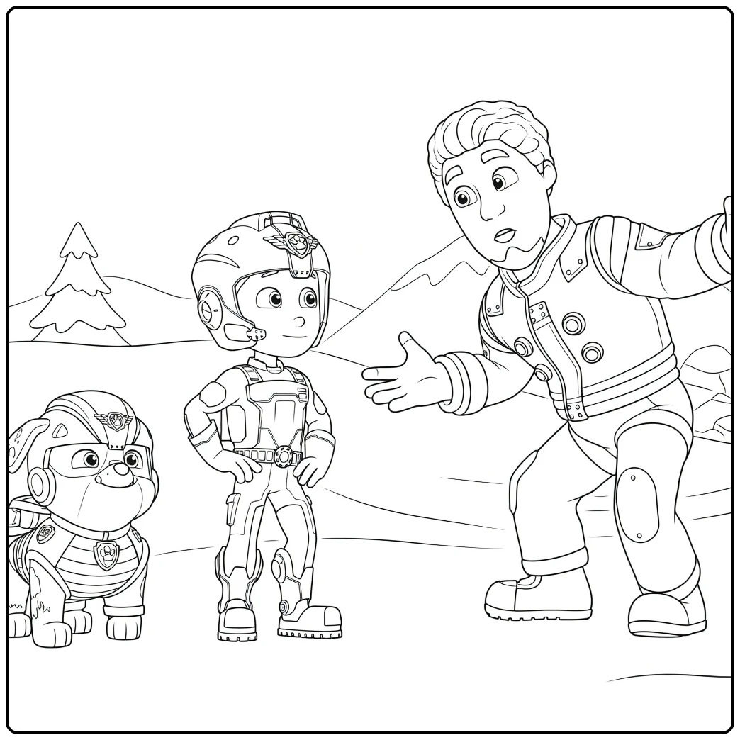 Volwassen man leunend met uitgestrekte arm, jongen met handen in de zij en hond op sneeuw Paw Patrol Seizoen 11 Kleurplaat