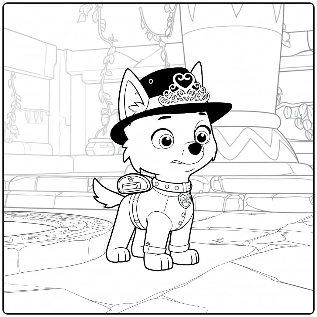 Paw Patrol Seizoen 10 Kleurplaat van een kleine witte hond met roze pak en hoed die bezorgd op vier poten staat