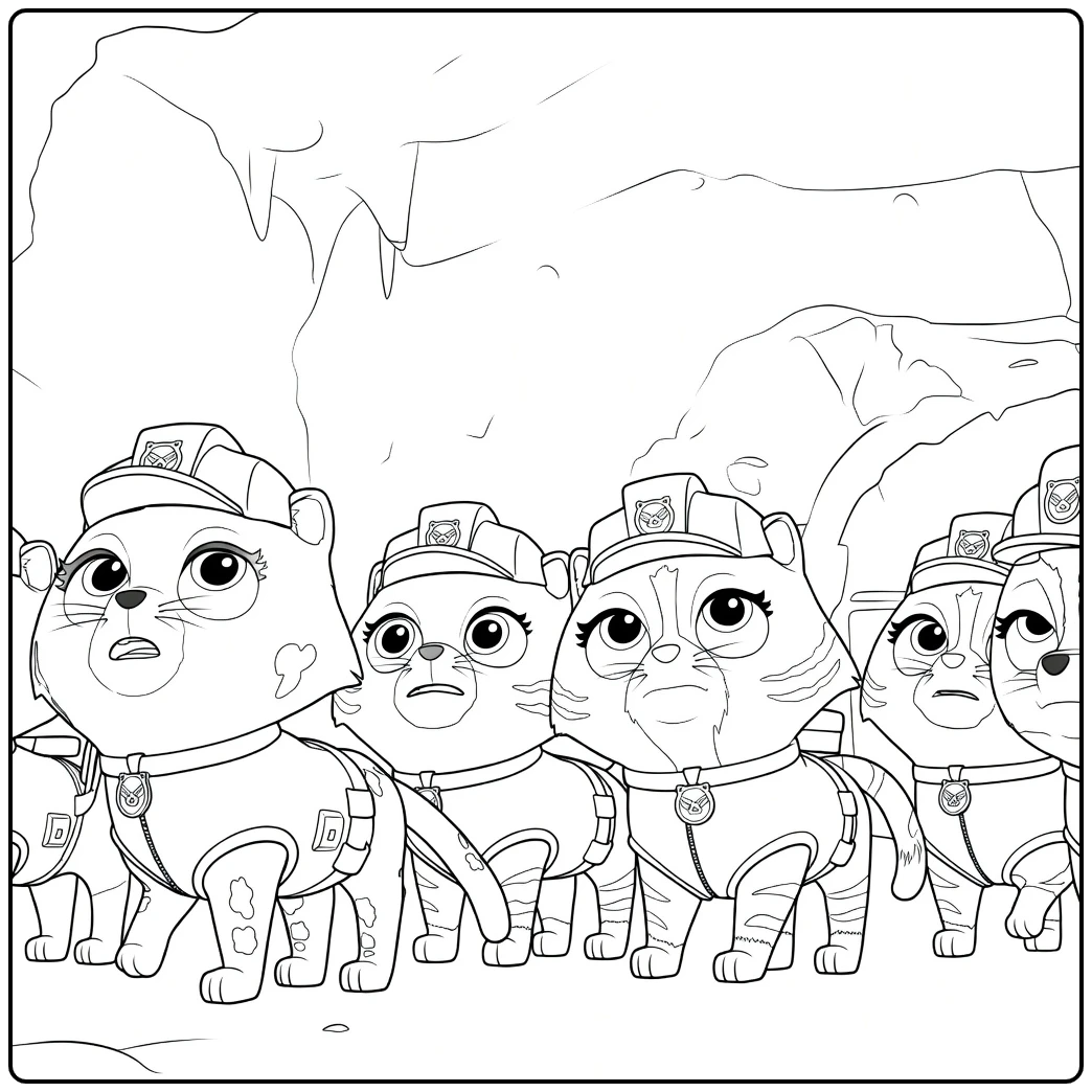 Paw Patrol Seizoen 5 Kleurplaat met katten in een rij met bezorgde gezichten en gekleurde vesten
